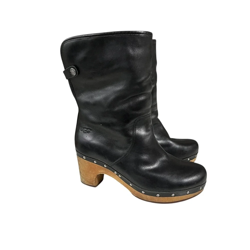 UGG Lynnea 1958 Shearling Clog Boots –‎ Black Leather Wood Heel Size 7